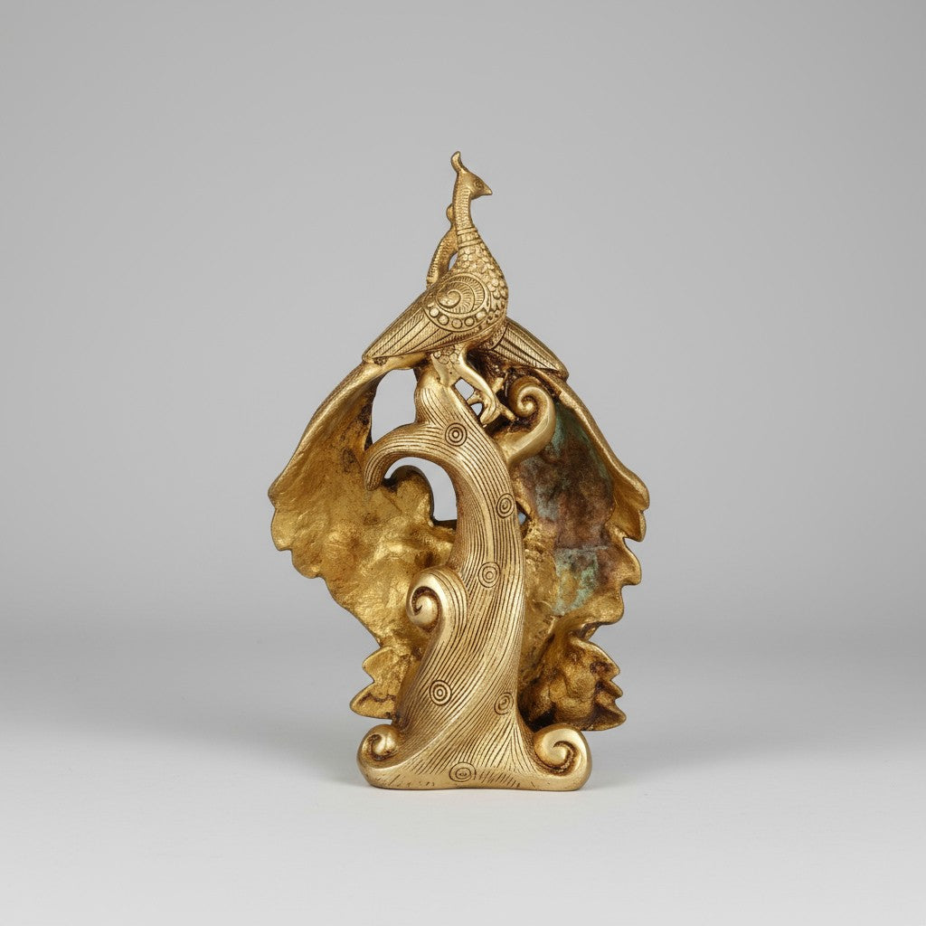 brass double peacock sitting on a tree statue for home décor/ gift item